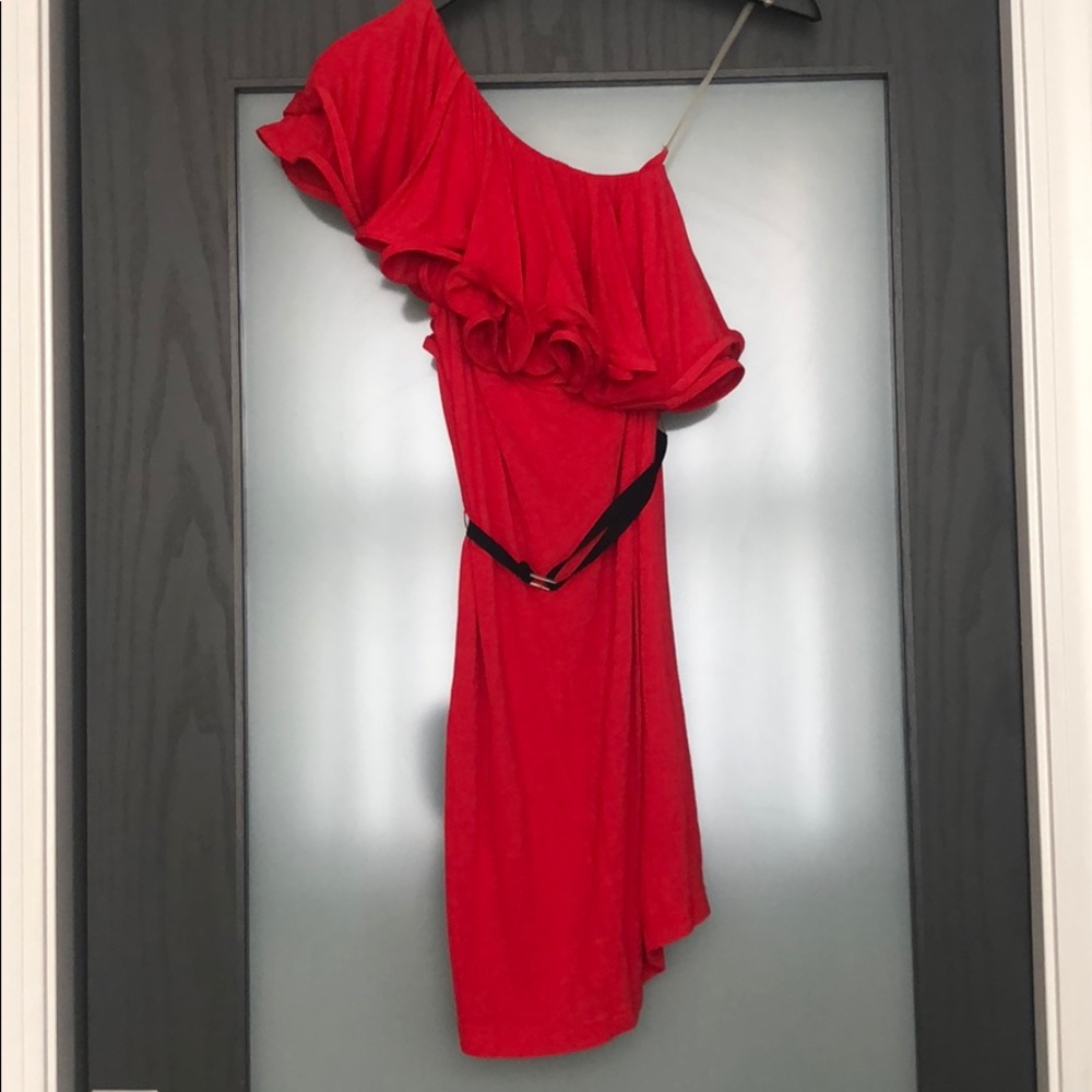 Red one shoulder ruffle detail dress